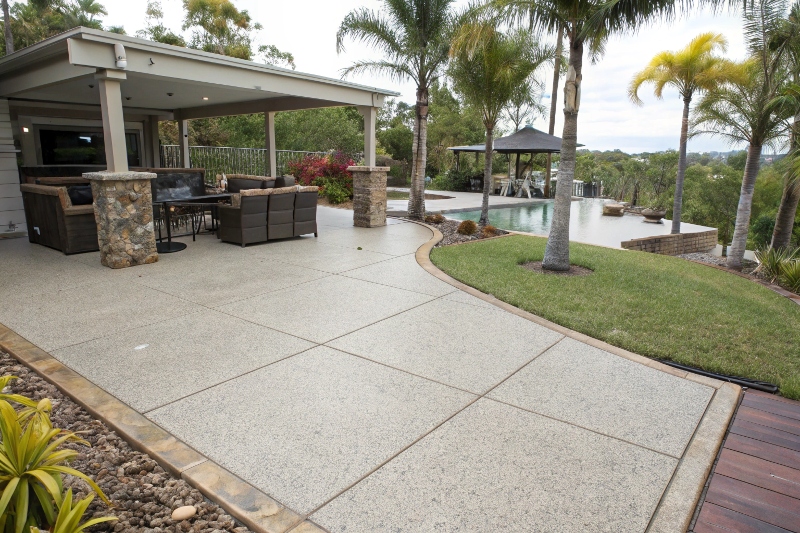 Decorative concrete patio entertainment area Island Plantation QLD residential project"