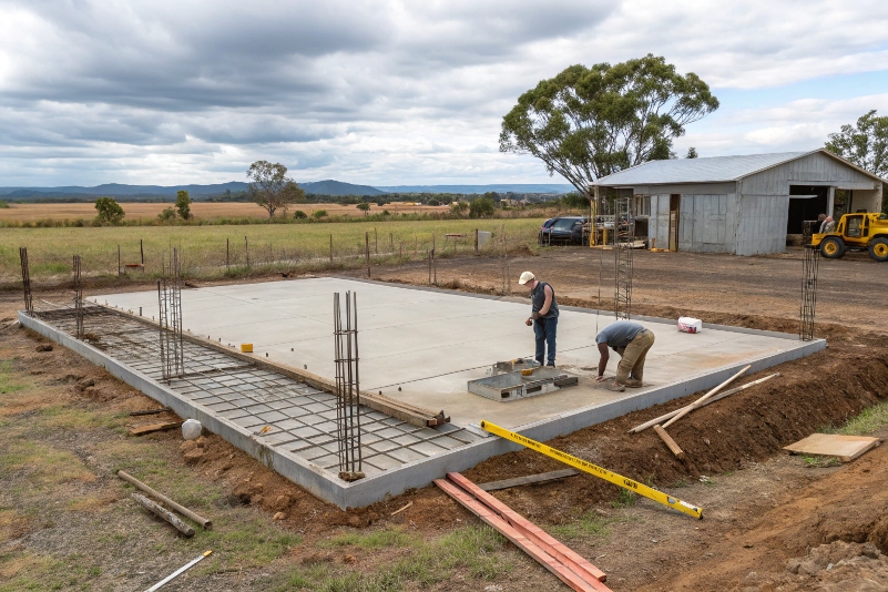 Completed concrete shed slab foundation for agricultural building in Susan River Fraser Coast region