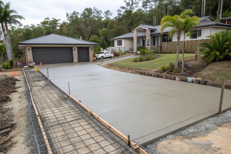 Fresh concrete driveway installation Island Plantation residential property with reinforcement