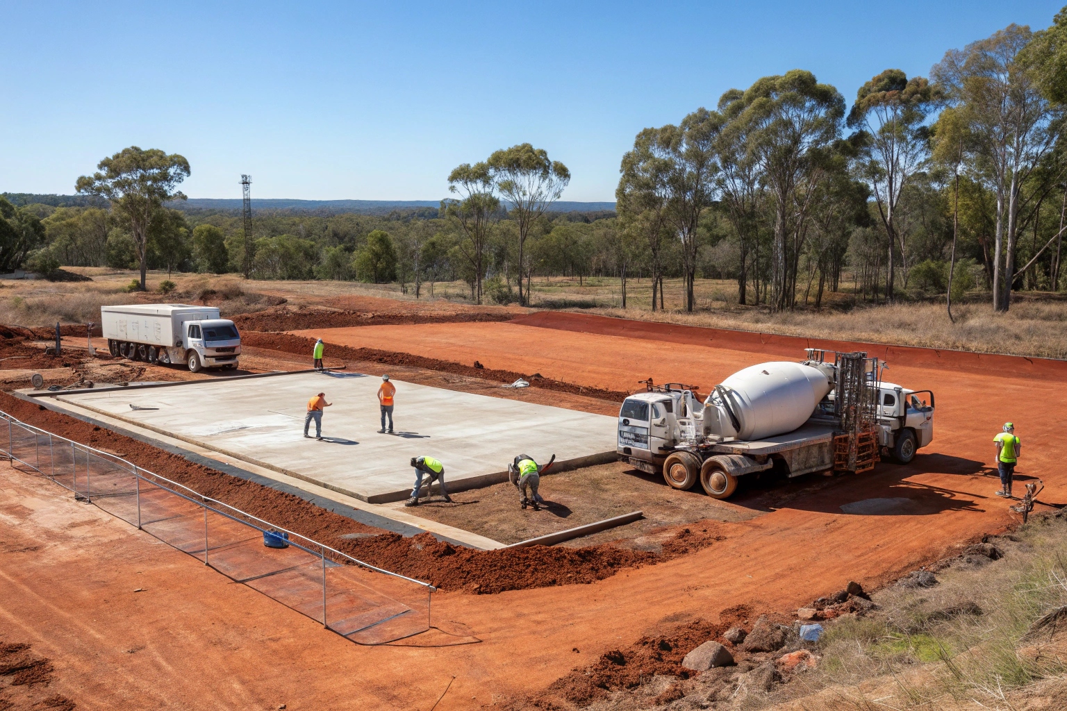 TrueForm Concreting team pouring concrete shed slab on rural Tiaro property with professional equipment