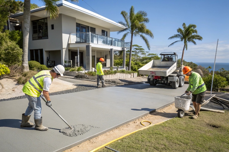 Professional concreting team installing residential driveway Walkers Point QLD coastal suburb
