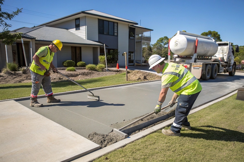 Licensed concrete contractors Tinana South installing residential driveway with professional equipment and safety gear"