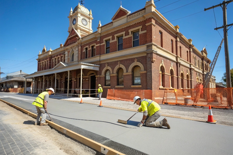 TrueForm Concreting team installing heritage-compliant concrete pathway in Maryborough CBD commercial district