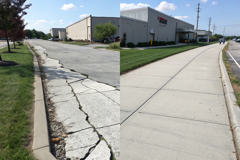 Before and after commercial concrete repair by TrueForm Concreting in Maryborough CBD showing professional restoration results