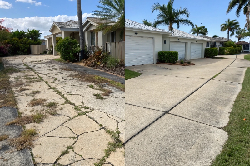 Before and after concrete driveway renovation Walkers Point Fraser Coast professional results