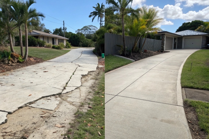 Before after concrete driveway replacement Island Plantation QLD showing transformation