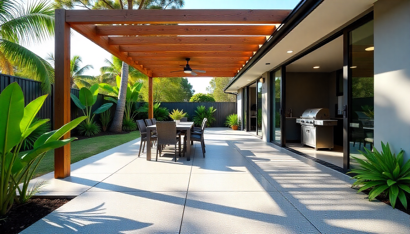A spacious modern concrete patio in a typical Australian backyard