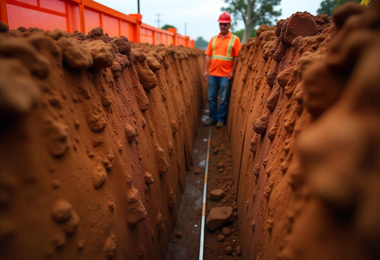 Close-up view of a deep trench excavation showing proper shoring boxes installed in the trench walls