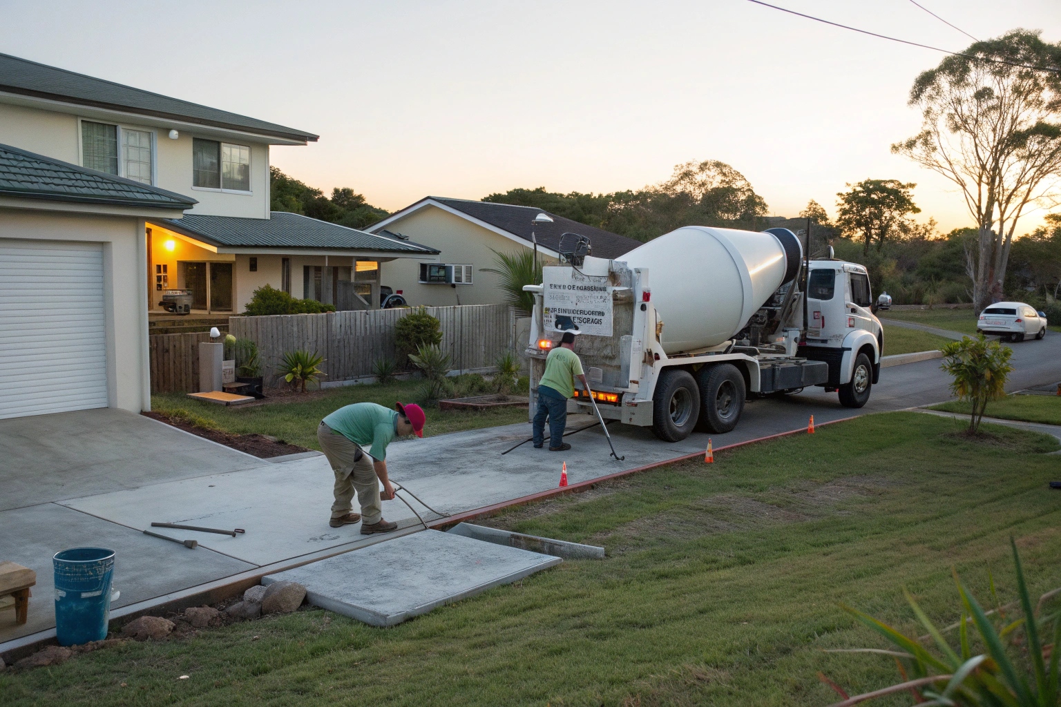 Concrete delivery truck at Maryborough residential property ready for driveway pour