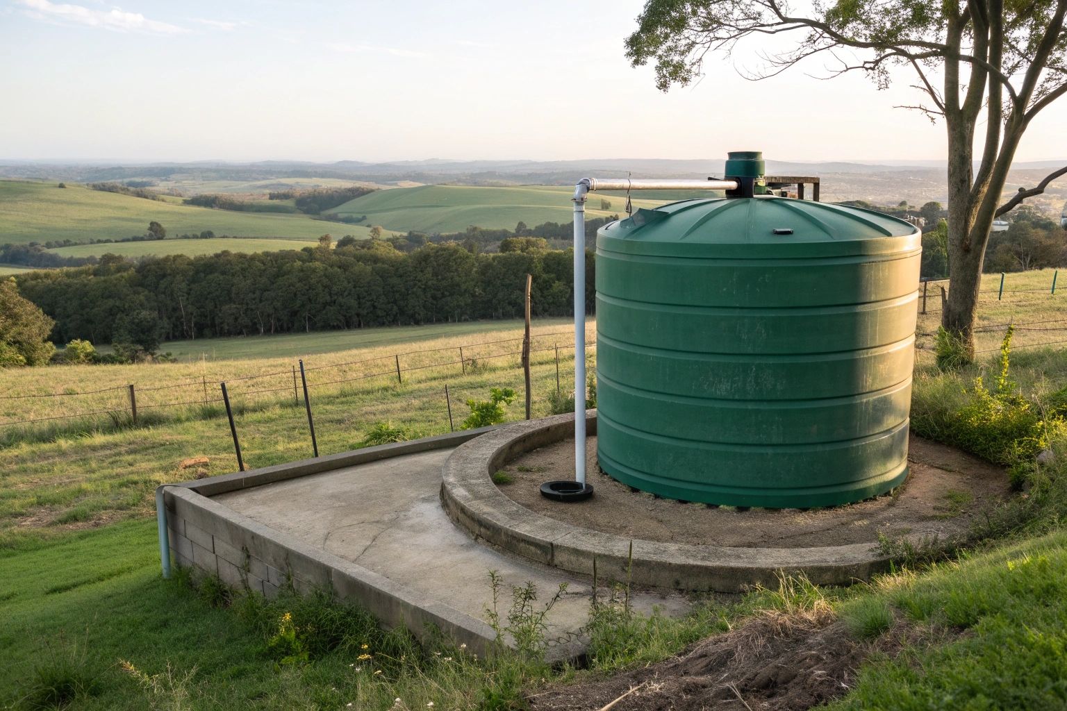 Water tank on reinforced concrete pad at Dundathu farm property