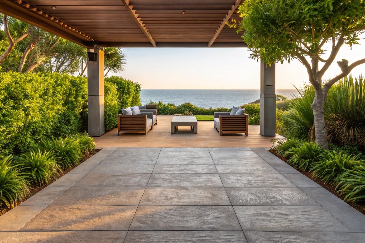 Stamped decorative concrete patio Point Vernon coastal home