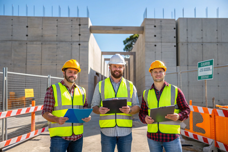 concrete-demolition-safety-inspection Demolition contractors inspecting concrete structure before demolition in Maryborough with safety equipment and structural plans