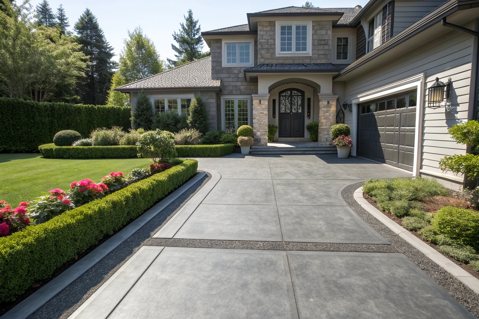 Charcoal coloured concrete driveway enhancing curb appeal of Torquay home