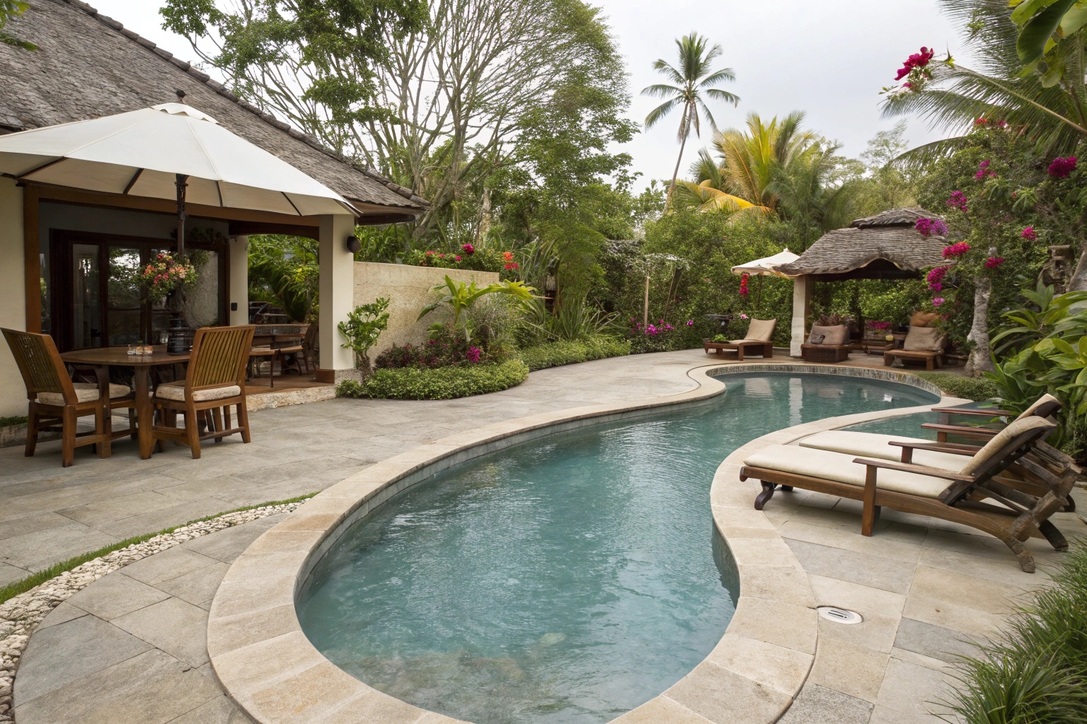 Resort-style concrete pool area with honed finish at Hervey Bay home