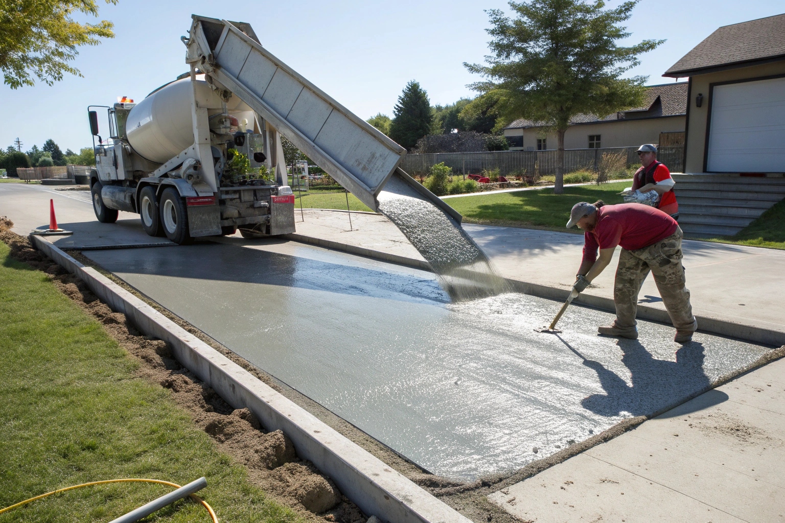 Ready mix concrete being delivered and poured for driveway construction in Maryborough