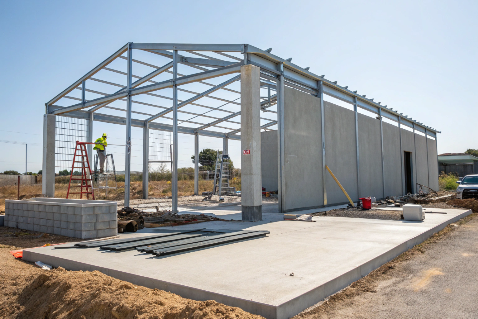 steel-frame-workshop-shed-being-erected-on-concret