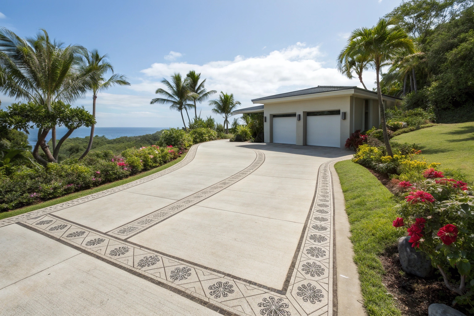 Decorative concrete driveway with borders at Fraser Coast residential property