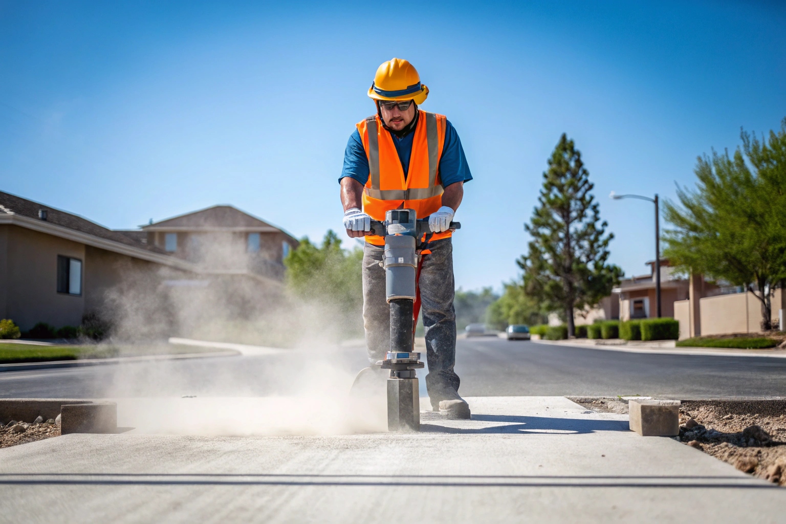 Professional concrete demolition contractor using a jackhammer in Maryborough