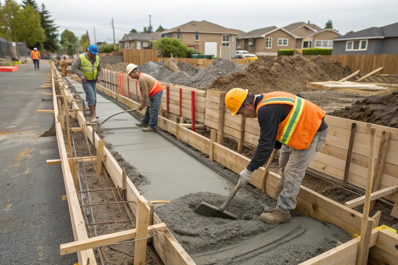 workers-pouring-fresh-concrete-into-wooden-formwor Concrete footings being poured into formwork for house foundation in Maryborough
