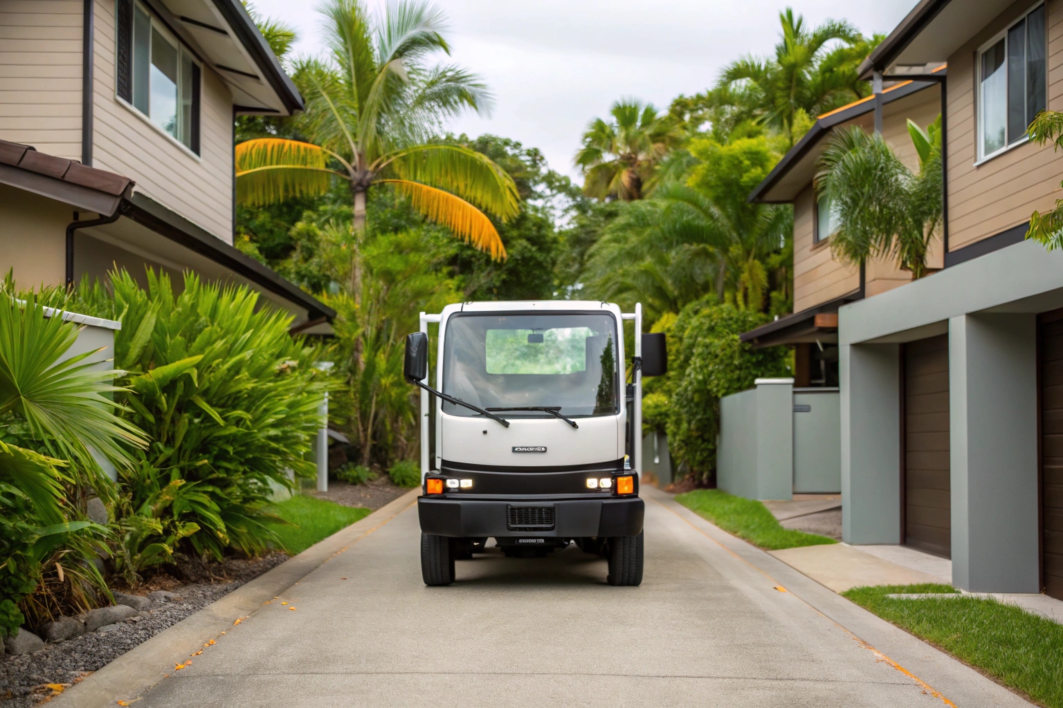 Mini-mix concrete truck accessing tight residential site in Maryborough